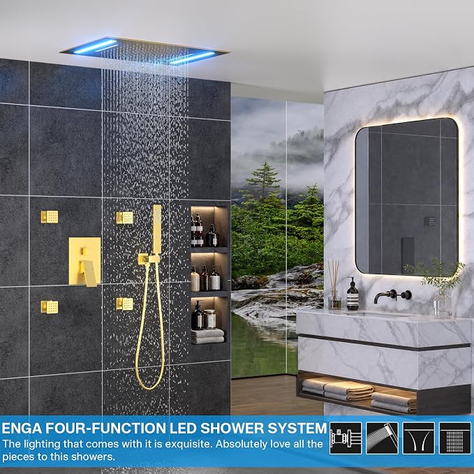 ENGA Shower System with Body Jets, 2 In 1 Functions Ceiling Mount 14x20inch LED Shower Head with 4 Body Jets, Rainfall Waterfall Shower Faucet Set, Brushed Gold