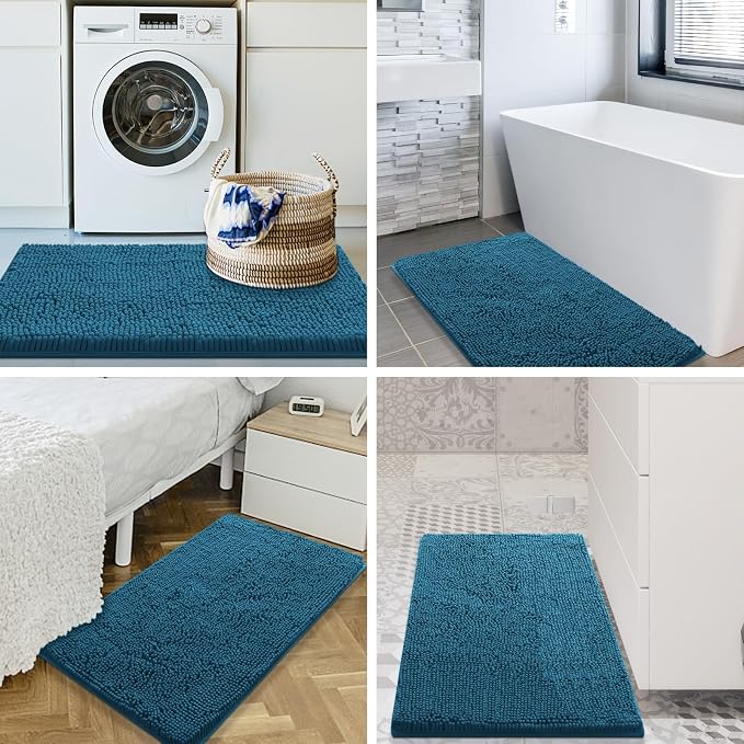 Smiry Bathroom Rugs 24X16, Luxury Chenille Extra Soft Absorbent Bath Mat | Peacock Blue, Machine Washable Non-Slip Plush Bath Mats for Bathroom, Tub, Shower, and Floor, Home Decor