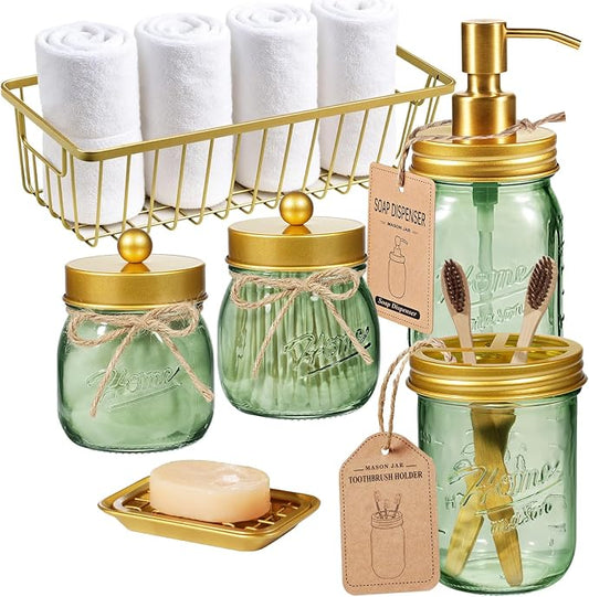 SheeChung Mason Jar Bathroom Accessories Set, 6Pcs Green Glass Bathroom Set | (Gold) Soap Dispenser,Toothbrush Holder,2 Qtip Holders,Soap Dish,Wire Basket,Rustic Farmhouse Decor for Bathroom Countertop