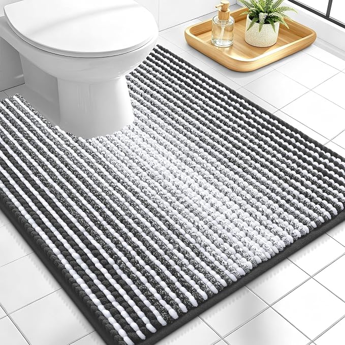 OLANLY Toilet Rugs U-Shaped 24x20, Chenille Contour Bath Mat, Dark Grey | Extra Soft Absorbent, Striped Bathroom Rugs for Toilet, Dry Quickly, Machine Washable, Non-Slip
