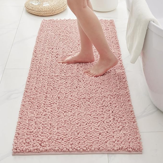 Bathroom Rugs Non Slip Washable 44x24, Extra Thick Soft Chenille Absorbent Bath Mat, High Density Barrier Non Slip Backing, Quick Dry Plush Shaggy Floor Carpet for Tub&Shower, Pink