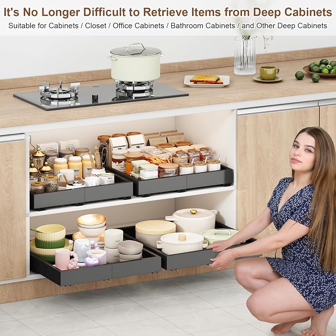 Fokyfok Pull out Cabinet Organizer,11"-16"W,17"-24"D,Expandable,Adhesive | No Drill,3 Rails,Adjustable Slide out Drawers for Kitchen,Pantry,Roll out Shelves,for Cabinets Without Lip,Bathroom,Black,1PC