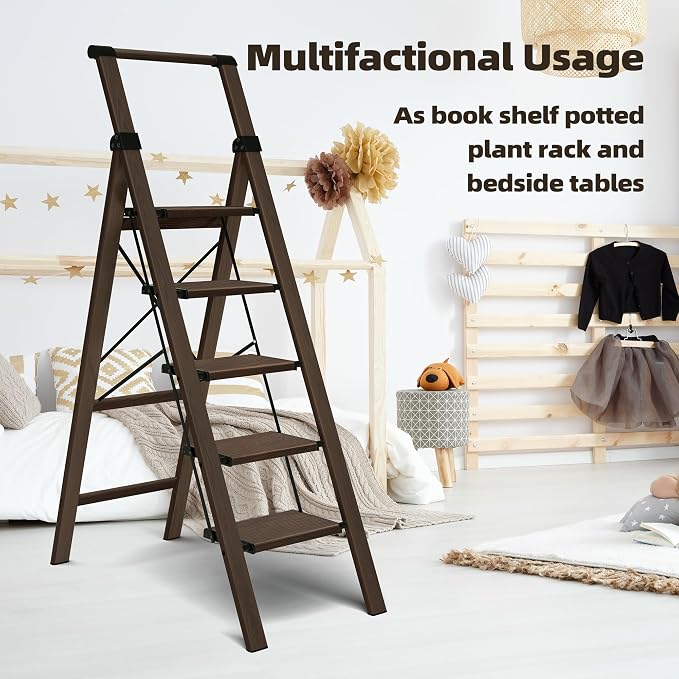 HillhutApex Aluminum 5 Step Ladder, Step Stool Foldable Ladder(Walnut) | Anti-Slip Pedals,330lbs Capacity,Lightweight Folding Ladders for Home,Office,Libaray