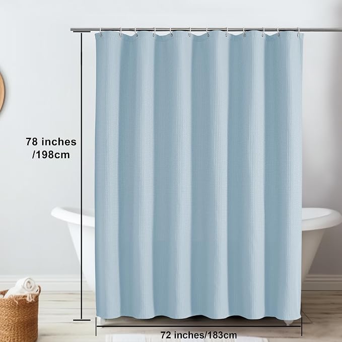 Long Fabric Shower Curtain Set, Waffle Textured Shower Curtain for Bathroom - Weight 230GSM Heavy Duty Hotel Spa Luxury Bath Curtain Set with 12 Plastic Hooks, 72Wx78L, Glacier Blue
