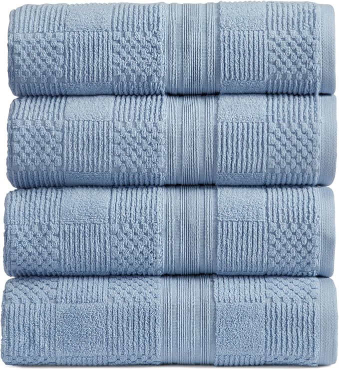 100% Cotton Bath Towel Set | 4-Pack | Textured | Blue | Luxury Geometric Design | Absorbent & Quick-Dry Bathroom Towels | Textured and Durable Cotton Towels for Bathroom | OEKO-TEX