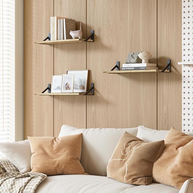 YGEOMER 16.5in Floating Shelves for Wall, Light Carbonized Brown Set of 6 | Rustic wood shelves with metal brackets. Space-saving for books & decor. Works in bathroom, kitchen, living room & bedroom.