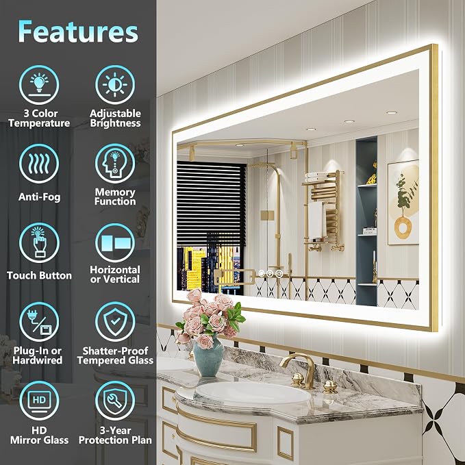 72x36 Gold LED Bathroom Mirror, Backlit & Front Lit Lighted Mirror | Brushed Gold Framed, Anti-Fog Vanity Mirror with Lights, 3 Color Dimmable, Memory, HD Tempered Glass, CRI95, Wall Mounted