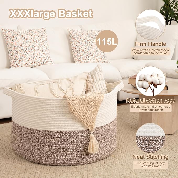 OIAHOMY 115L Extra Large Blanket Basket for Living Room, 23.6" x 15.4" Woven Cotton Rope Laundry Basket for Organizing Pillows, Decorative Stuffed Animal Toy Storage for Nursery, White and Linen Brown