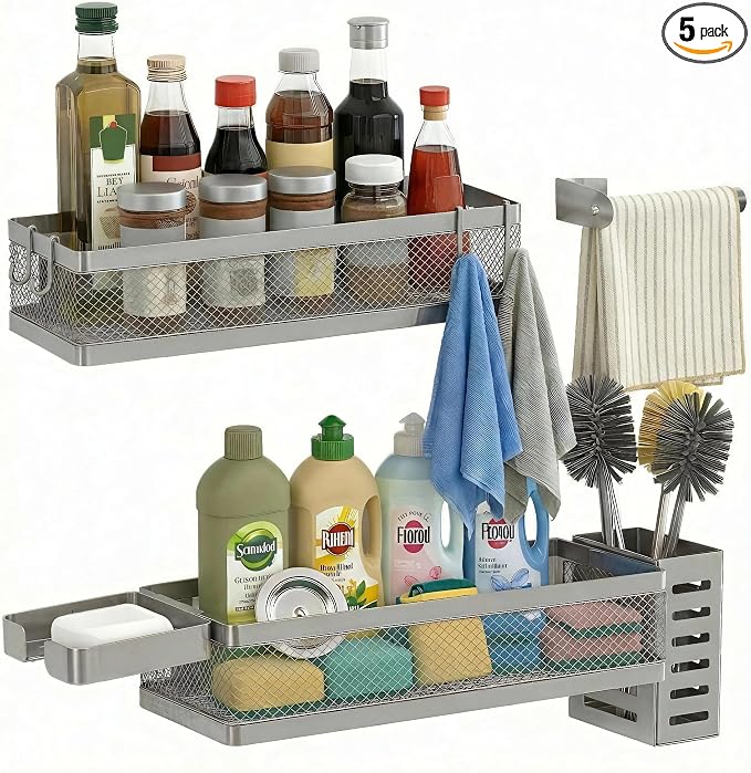 PUSDON 5-in-1 Wide Wall Mount Wrapped Mesh Kitchen Organizer & Shower Caddy Kit, with Paper Towel Holder, Utensil Holder, Soap Dish, Heavy Duty 50LBS - Silver Gray, Netting