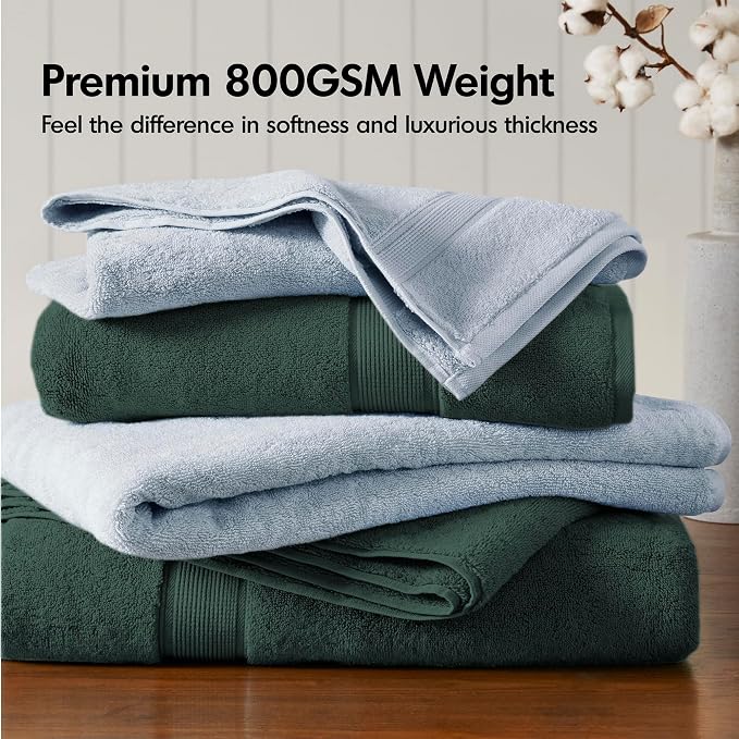 Madison Park 800GSM 100% Cotton Bathroom Bath Towel Set of 8, Dark Green | Long Staple, Highly Absorbent, Durable Hotel Spa Quality, Quick Dry, Double Stitched Hems, Lint Reducing, OEKO-TEX Certified