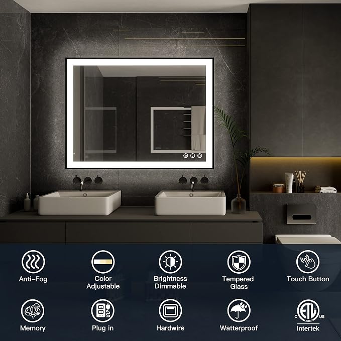 ISKM 84x32 Framed LED Bathroom Mirror, Dimmable Front & Backlit, Anti-Fog | 3 Color Temps(3000K/4000K/6000K), Stepless Dimming 10%-100%,Shatterproof Tempered Glass, IP65 Waterproof,Plug-In or Hardwired