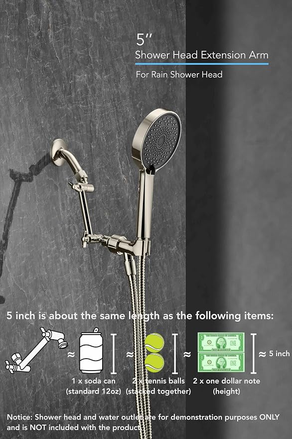 5 Inch Adjustable Shower Head Extension Arm With Locking Set Screw, Singing Rain 304 Stainless Steel Nickel Brushed Angle Height Adjustable, G1/2 Universal Connector Compatible (Nickel Brushed)