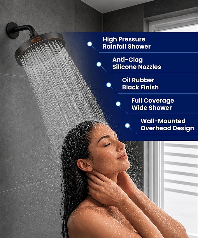 Shower Head - Luxury Oil Rubbed Black Finish - Rain Showerhead 6 Inch | High Pressure Shower Heads with Adjustable Angles, 90 Anti-Clog Nozzles, Tool-Free 1-Min Install