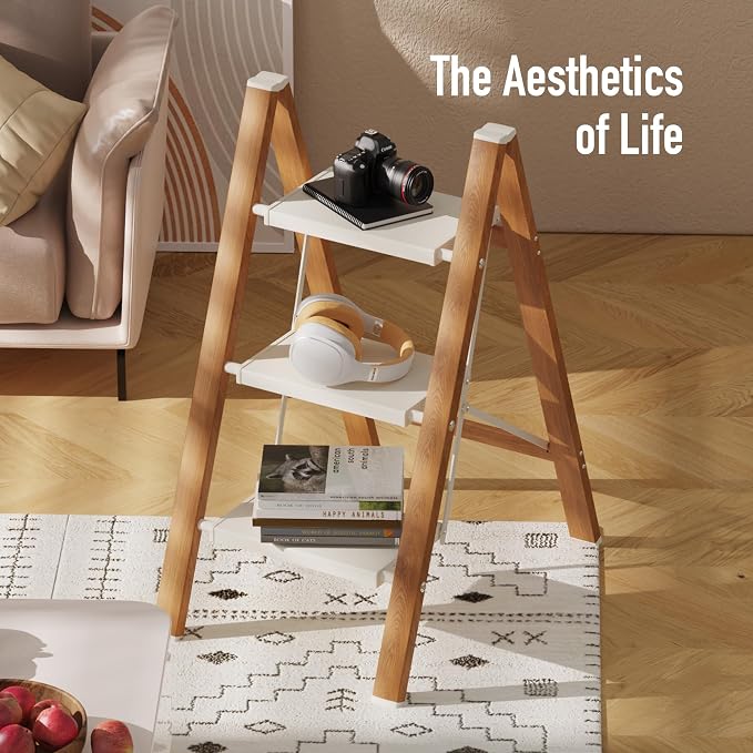 Mayi Plus 3 Step Stool Foldable, Aluminum, Lightweight Step Ladder | Extra-wide anti-slip folding steps with 330 lbs, for home,kitchen,office,outdoor,White & Woodgrain.