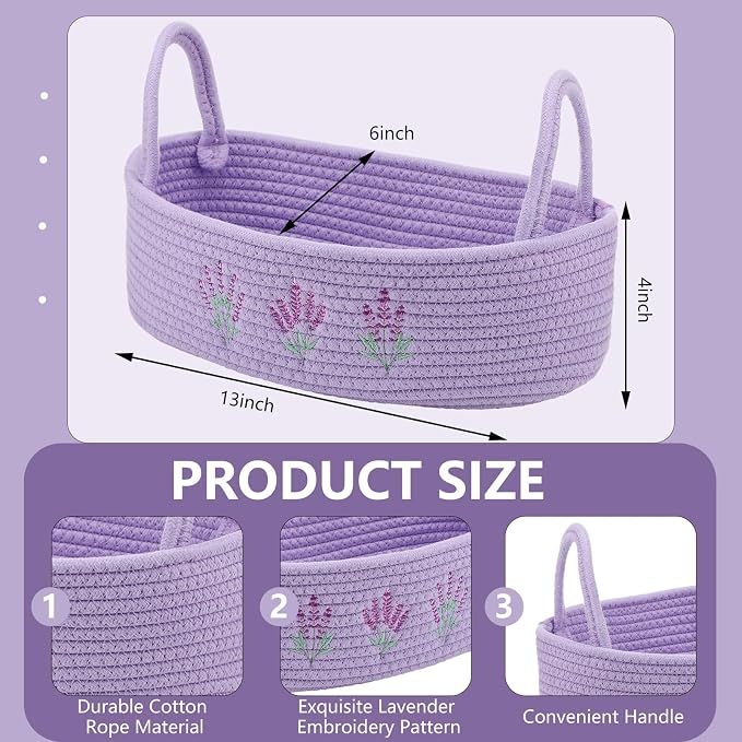 Vesici Purple Lavender Basket for Toilet Woven Cotton Rope Bathroom Decor | Lavender Bathroom Organizer, Boho Bathroom Countertop Decor, Nursery Toy Bin, 13x6x4 Inch, Embroidered Style