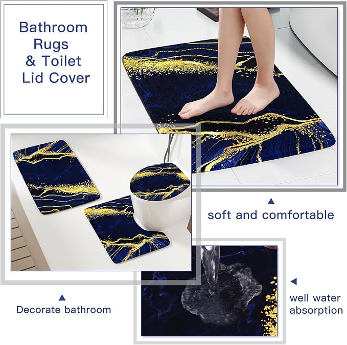 21PCS Bathroom Sets with Shower Curtain and Rugs Bathroom Accessories Set Navy Blue Bathroom Set Complete with Trash Can, Toilet Brush, Qtip Holder & 3PCS Soap Dispenser