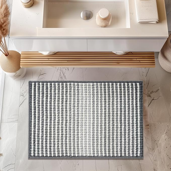 FRESHMINT Chunky Ombre Chenille Bathroom Rug, Gray & White, 20"x32" | Water Absorbent, Soft Bath Rugs for Bathroom Floor, Thick Non Slip, Washable Quick Dry
