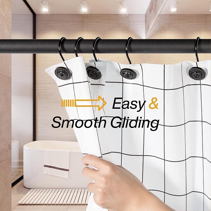 Black Shower Curtain Hooks, Rust Proof Decorative Shower Curtain Rings for Bathroom, Shower Curtain Hooks for Shower Liner, 12Pcs | Rustproof Zinc Alloy,4mm wire holds 50lb,5-layer anti-rust coating,Smooth Glide, Easy Install,For Bathroom,12Pcs