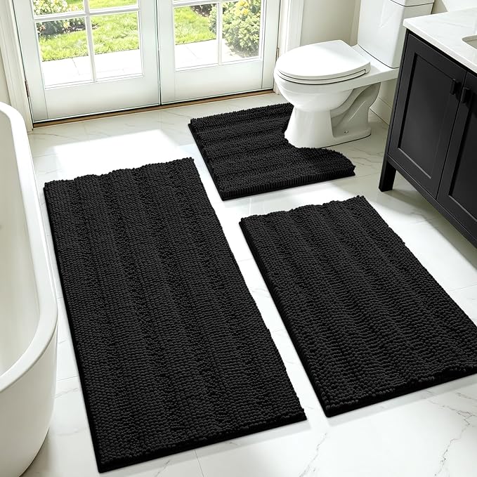 Striped Black Bathroom Rug Set 3 Pieces Ultra Soft, Non Slip Chenille Toilet Mat, Absorbent Plush Shaggy Bath Mats for Bathroom, Bedroom, Kitchen