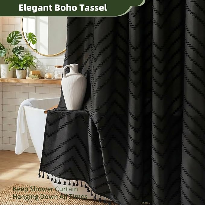 Siiluminisoy Extra Long Shower Curtains 72 x 84 Inch Shower Curtain Black Tufted Chevron Striped Fabric Shower Curtains for Bathroom Modern Shabby Chic Waterproof Cloth Shower Curtain