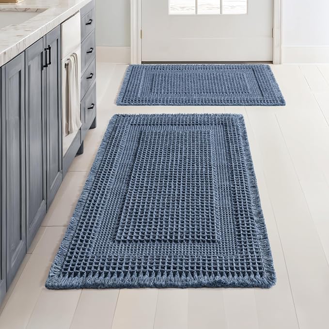 MIULEE Set of 2 Waffle Bathroom Rugs Blue Boho Bath Mat 17x24+18x30 in | Looped Design, Super Absorbent, Non Slip, Washable, Ultra Soft, Rubber Backed, Bathroom Mats for Floor Tub Shower