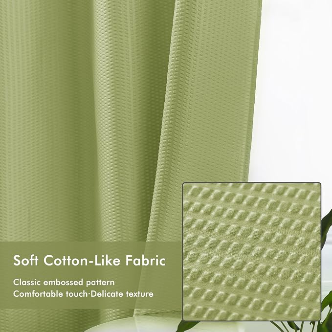 No Hook Shower Curtain with Snap-in Liner, Embossed Waffle Design Fabric Shower Curtain for Bathroom, Soft & Lightweight, 71x74, Sage Green