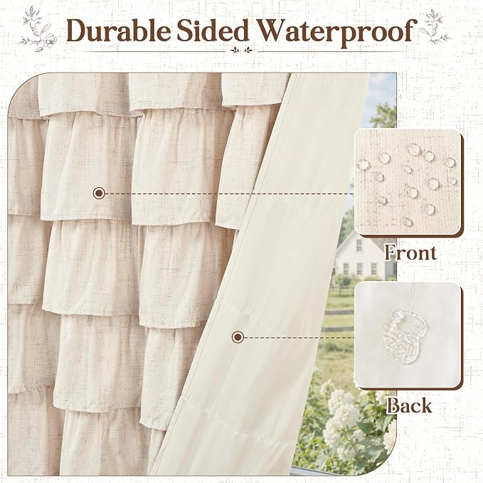 Farmhouse Shower Curtains for Bathroom, Ruffle Shower Curtain, 72"Wx72"L | Ruffle Design, Vintage Rustic Boho, Washable Waterproof Shower Curtain for Bathroom Bathtub, 12 Metal Hooks