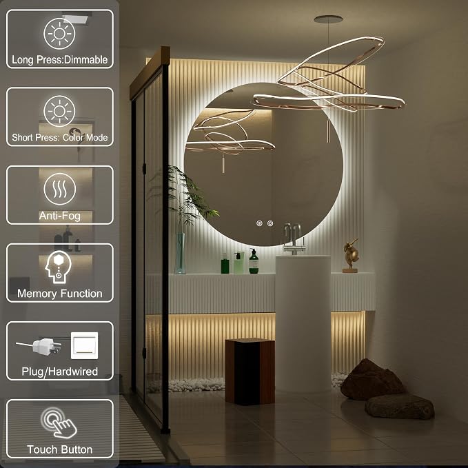 32 Inch Backlit Round LED Mirror for Bathroom with Anti-Fog | 3 Color Temp(3000K/4500K/6000K), Adjustable Brightness, Frameless 5mm HD Glass, ETL Cert‌, Idea for Vanity