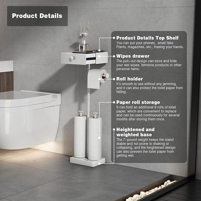 VOLDRA Toilet Paper Holder Stand with Shelf, Free Standing Toilet Paper Roll Holder with Wipes Storage Drawer Heavy Duty Floor Bathroom Tissue Holder Freestanding No Drill Tp Holder for 7 Rolls(White)