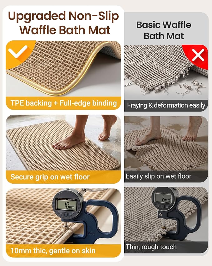 Upgraded Non Slip Waffle Bath Mat, Super Absorbent Bathroom Rug, 20x30 inch | Boho Decor Kitchen Rug, Soft & Machine Washable Bathroom Floor Mat for Tub, Sink, Vanity, Entryway, Brown