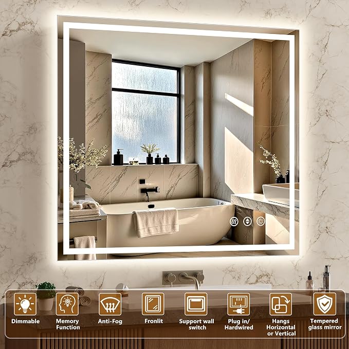 40x30 Inch LED Lighted Bathroom Mirror - Anti-Fog Vanity Mirror with Dimmable Front & Backlit, 3 Color Temp, Smart Memory - Shatterproof HD Glass, IP54 Waterproof Wall Mounted for Makeup Shaving