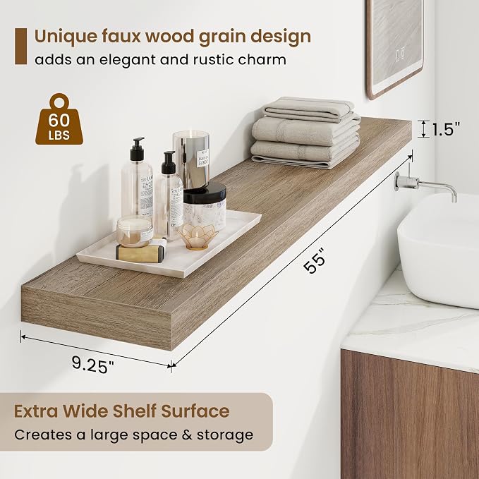 9.25in Depth 55in Floating Shelves, 55"W x 9.25"D x 1.5"H, Grey, 2Pcs | Long Wall Mounted Engineered Wood Shelves for Wall with Invisible Brackets for Living Room, Bedroom, Bathroom, Kitchen