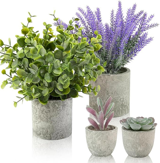 ALAGIRLS 4 Packs Fake Plants Lavender Artificial Plants | Fake Lavender Flowers, Eucalyptus Succulents Plants, Potted Faux Plants for Home Indoor Office Bathroom Living Room Decor