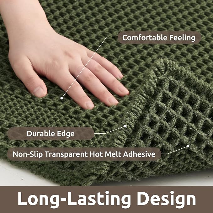 AMOAMI Waffle Bath-Mat, Absorbent Bath Mats for Bathroom Non Slip, Machine Washable Bathroom Rugs with Tassels Ultra Soft Boho Bath Rugs for Floor 17"x24" Dark Green