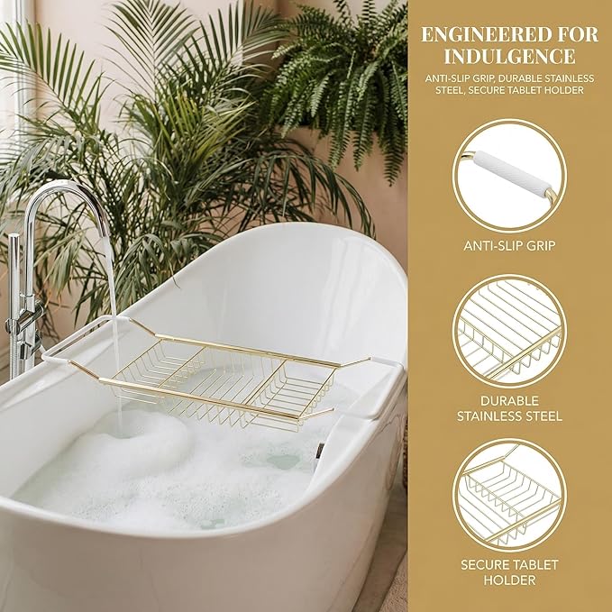 Cabilock Luxury Stainless Steel Bathtub Caddy Tray - 24.8in Expandable Modern Bath Rack for Tub with Wine Glass & Book Holder - Rustproof Shower Organizer & Tablet Stand for Home Spa, Gold