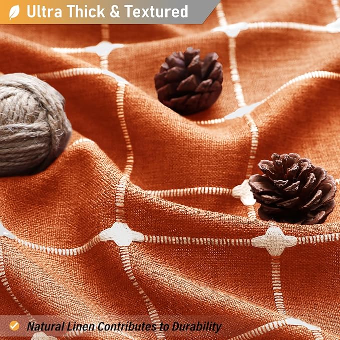 Burnt Orange Boho Farmhouse Linen Heavy Duty Shower Curtain Set, 72x72 | 330GSM Linen Blend, Classic Plaid, 3-side Tassels, Water Repellent Fabric, 12 Plastic Hook, Rustic Bohemian, Machine Washable