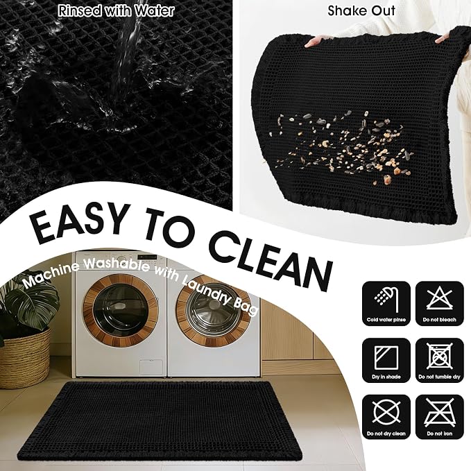 Upgraded Waffle Bath Mat Set 2 Piece Black-Bordered, Super Absorbent Non-Slip Quick Dry Bathroom Rugs with Tassels, Machine Washable Ultra Soft Boho Bath Rugs for Floor, Bath Mats Boho Farmhouse Decor