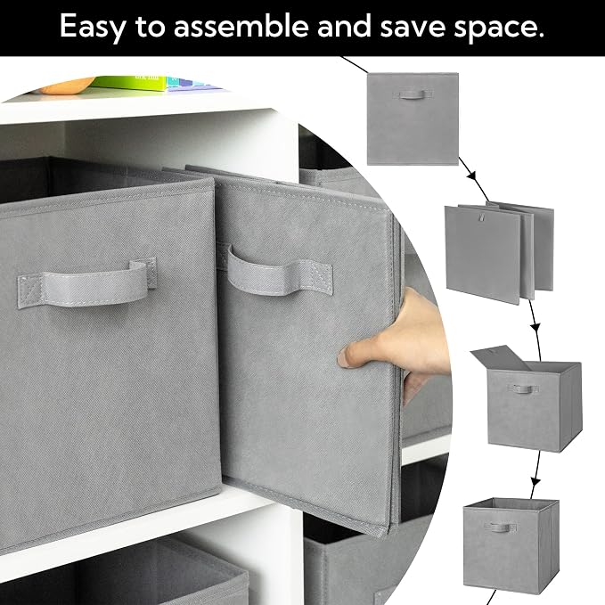 Cupic Cupid 6-Pack 13x13 Storage Cube Bins, Storage Organizer Bins, Gray | Foldable, Reinforced Front Handle, Holds Blankets, Towels, Accessories, Fits Closet, Shelves, Office, Bedroom, Dorm
