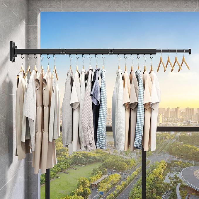 Wall Mounted Tri-Fold Clothes Drying Rack, Heavy Duty Collapsible Laundry Drying Rack, Space-Saving Retractable Foldable Drying Rack Clothes for Laundry Room Balcony Bathroom,Black-Hooks