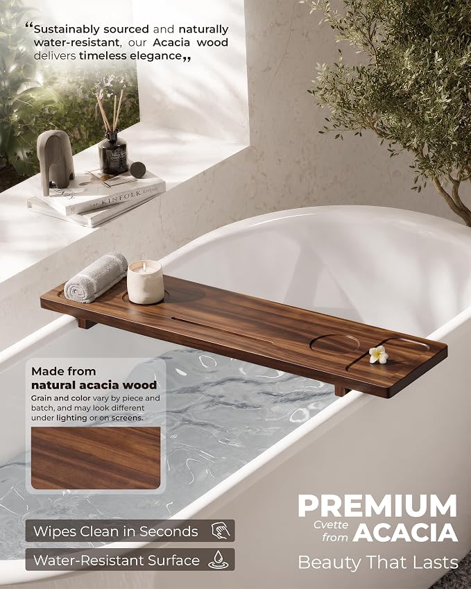 Acacia Wood Bathtub Caddy Tray 34.6" Adjustable Bath Tray for Tub | Bathtub Tray With Non-Slip Grip, Water-Resistant Wood & Stable Expandable Design Keeps Bath Essentials Secure & Within Reach