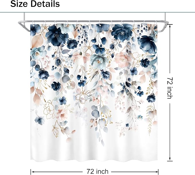 Blue Floral Flower Shower Curtain Cute Navy Flower Pastel Shower Curtain | 72Wx72L Inch Watercolor Plant Eucalyptus Leaf Girly Rustic Country 72Wx72L Inch Bath Bathtub Set Accessories Home Decor