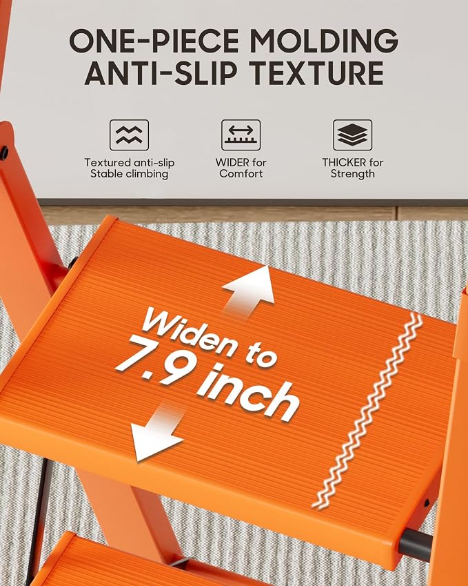 HillhutApex Aluminum 4 Step Ladder, Step Stool Foldable Ladder(Orange) | Stepladder with Handgrip,Anti-Slip Pedals,330lbs Capacity,Lightweight Portable Folding Ladder for Home,Office,Libaray