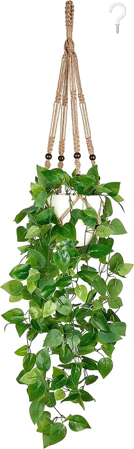 Mkono Fake Hanging Plant, Macrame Hanger with Pothos Vines & Pot, Brown | Artificial Hanging Plants for Home Decor Indoor, Realistic Look, Perfect for Bedroom Bathroom Kitchen Office Boho Display