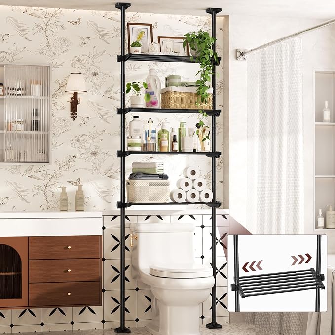 Goovilla Over The Toilet Storage Shelf, 64-124inch(H) 15-27inch(W), Black | 4 Tier Bathroom Organizer Shelves with Adjustable No Drilling Tension Mounting, Space Saver Bathroom Shelf Rack Above Toilet