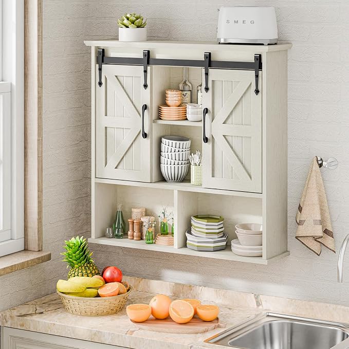 Vabches Bathroom Wall Cabinet, Farmhouse Medicine Cabinet, White | Wooden Vintage Storage Cabinet Wall Mounted with Double Sliding Barn Door and Adjustable Shelf for Bathroom, Kitchen