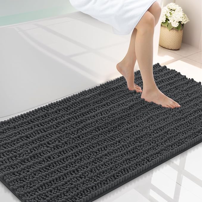 Smiry Bathroom Rugs 40X24, Extra Soft Rubber Backing Chenille Bath Mats | Dark Grey Machine Washable Non Slip Quick Dry Bath Mats for Bathroom Floor, Tub, Shower, Home Decor Accessories