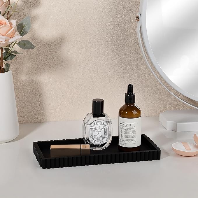 Silicone Bathroom Tray Small Vanity Tray Kitchen Counter Decor, Black | Non Slip, Dishwasher Safe, for Dish Soap, Perfume, Candle, Sponge