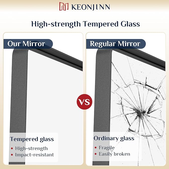 Keonjinn 60 x 40 Inch Black Bathroom Mirrors for Over Sink, Tempered Glass | Sandblasted Finish, Matte Black Vanity Mirror, Anti-Rust, Seamless Aluminum Frame, Rounded Rectangle, French Cleat Mount