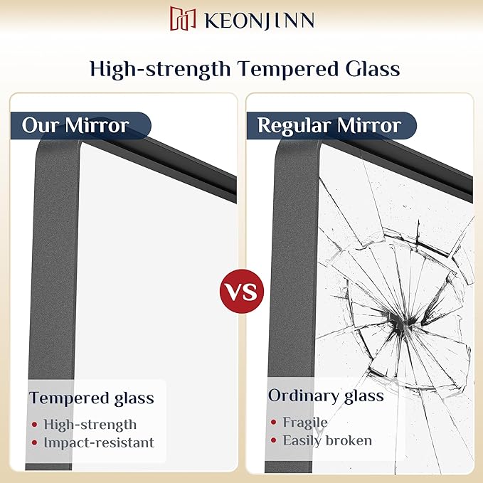 Keonjinn 48 x 24 Inch Black Bathroom Mirror, Tempered Glass Vanity Mirror | Sandblasted Finish, Matte Black Mirror, Anti-Rust, Seamless Aluminum Frame, Rounded Rectangle, French Cleat Mount, Home Décor