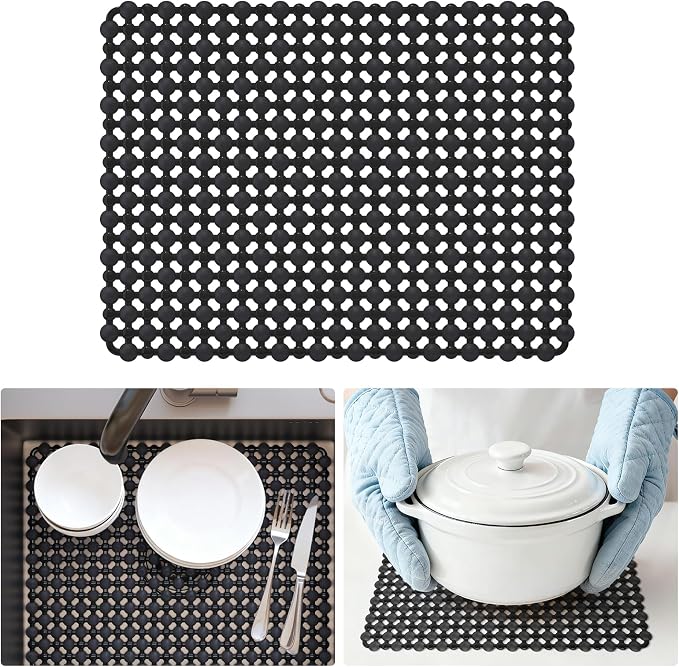 Kitchen Sink Mat Sink Protectors for Stainless Steel Ceramic Sinks | PVC Protectors Mats for Bottom of Kitchen Sink, Dishes and Glassware Drain Mats, Durabl & Fast Draining Black 15.7"x11.8"